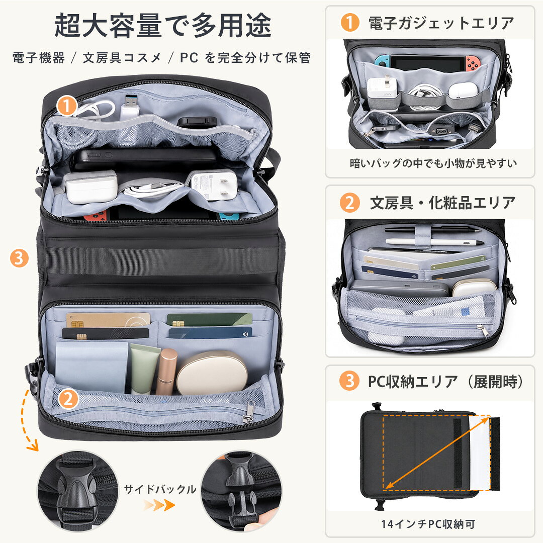 ガジェットポーチ 小物入れ 12ポケット ポーチ バッグ 小物ポーチ 3層大容量 14インチノートPC対応 多機能 自立式 多ポケット マルチガジェット スマホポケット撥水 防傷 防汚 整理 トラベルポーチ バッグ整理 帰省 旅行 海外旅行 出張 収納 トラベルポーチ PC周辺小物用収納 cecs2026-04-10000004 CSbags楽天市場店 サンプル画像3