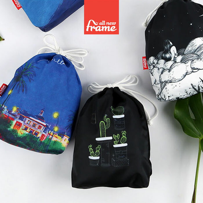 All New Frame String Pouch Collection D - Medium トラベルポーチ かわいい トラベルバッグ 旅行ポーチ 収納ポーチ オムツポーチ ベビー用品 化粧ポーチ コットン生地 お弁当 巾着袋 小物入れ お出かけ用ポーチ