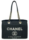 CHANEL ドーヴィル ミディアム チェーントートバック MM A67001 デニムキャンパス×レザー インディゴブルー系 ゴールド金具美品【中古】