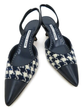 MANOLO　BLAHNIK スリングバック パンプス CAROLYNECAP WOOL(ツイード)×レザー ダークネイビー　＃36 1/2 未使用【中古】