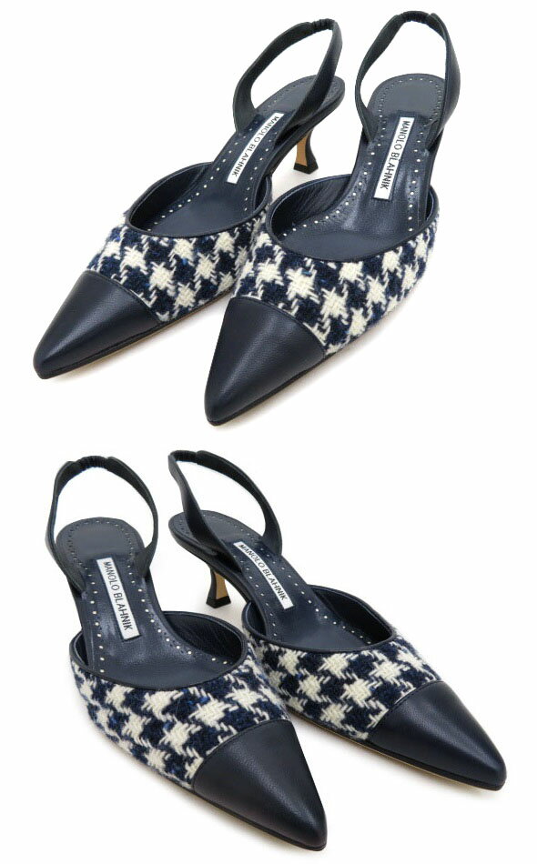 MANOLO　BLAHNIK スリングバック パンプス CAROLYNECAP WOOL(ツイード)×レザー ダークネイビー　＃36 1/2 未使用【中古】