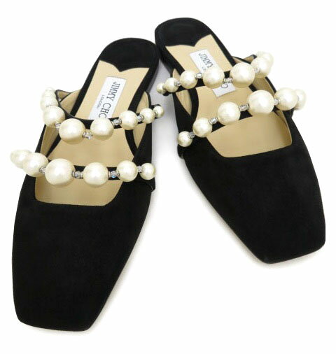 JIMMY CHOO　　パール付き フラットシューズ サンダル ミュール AMAYA FLAT ブラック ＃37 未使用【中古】のサムネイル