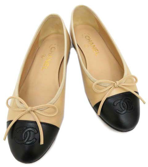 CHANEL バレリーナ フラットシューズ カーフ ベージュ×ブラック ＃36 C 【中古】のサムネイル