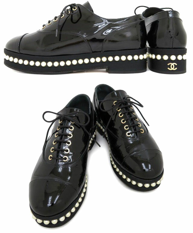 CHANEL　レースアップ シューズ　ローファー　G34591　パテントレザー×フェイクパール　ブラック×パールホワイト　＃361/2【中古】のサムネイル