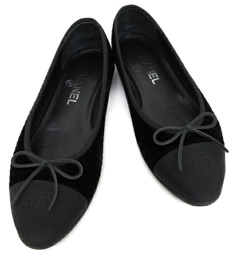 CHANEL　 バレリーナ フラットシューズ 　ステッチベルベット×グログラン　ブラック ＃36 1/2C 【中古】のサムネイル