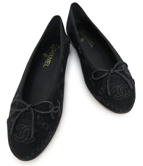 CHANEL　 バレリーナ　フラットシューズ　G02819　プリントデニム×カーフ　ブラック×ホワイト　＃37 C　未使用【中古】のサムネイル