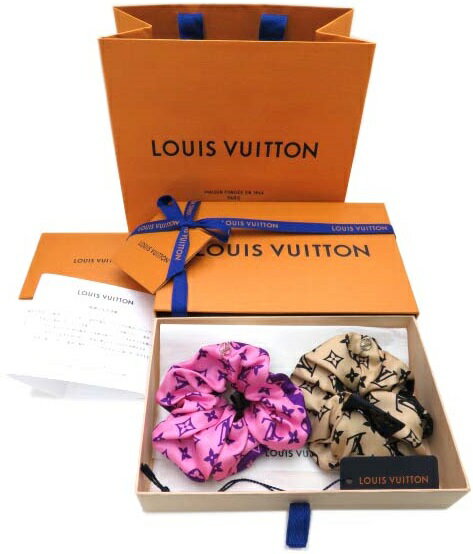 LOUIS VUITTON モノグラム・パターン シュシュセット MP3098 シルク ピンク×パープル ベージュ系×ブラック 完売商品 未使用【中古】