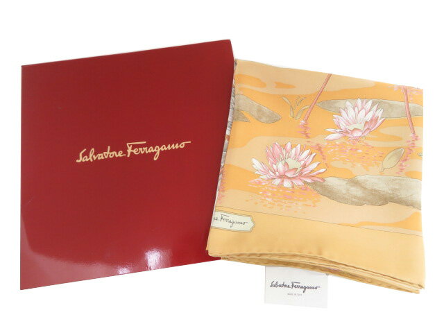 Ferragamo スカーフ 90 オレンジベージュ系×グレー系 未使用【中古】