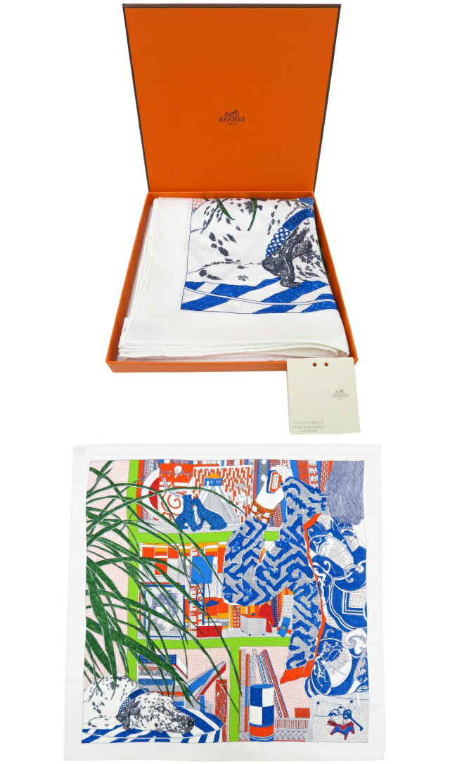 HERMES カレ 70 スカーフ　”Rendez-Vous Chez HERMES”　エルメスでランデヴー　ホワイト×オレンジ　美品【中古】のサムネイル