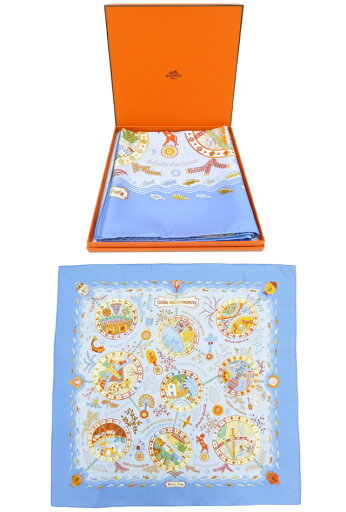HERMES スカーフ カレ90 ”地中海の港町" Escales Mediterraneennes シルク100% ライトブルー系 新品同様【中古】 HERMES スカーフ カレ90 ”地中海の港町" Escales Mediterraneennes シルク100% ライトブルー系 新品同様【中古】