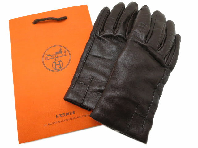 HERMES グローブ 手袋 レザー×カシミア100% ダークブラウン #7.5【中古】