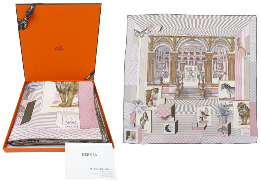 HERMES　スカーフ　カレ90　GRAND THEATRE NOUVEAU　”グラン・テアトル・ヌーヴォ”　ピンク系×ブラウン系　A1【中古】のサムネイル