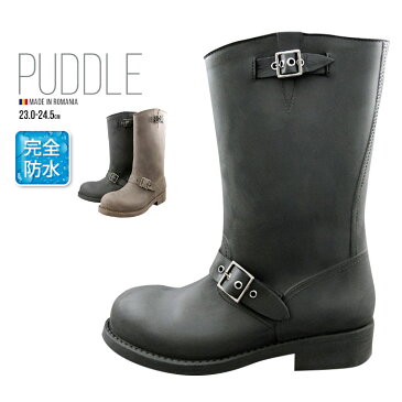 Puddle ブラッシュド加工 エンジニア レインブーツ レディース ロング スノーブーツ 雪 靴 滑らない 長靴 滑り止め 防滑 スノーシューズ 雪道 ロングブーツ ローヒール 黒 防水 エンジニアブーツ レディース レインシューズ おしゃれ 人気 eu-6013 送料無料