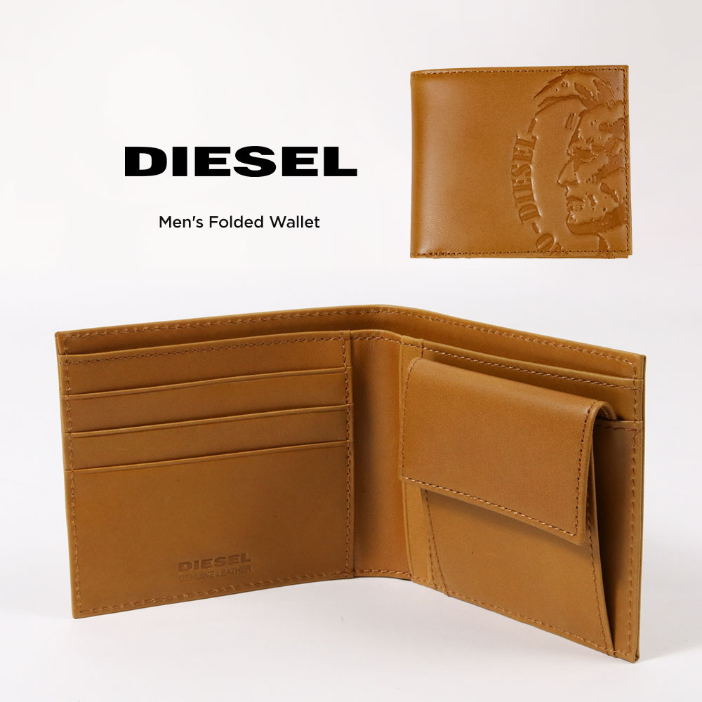 ディーゼル 二つ折り財布（メンズ） ディーゼル 二つ折り財布 メンズ 本革 ミニ財布 ブランド DIESEL 折り畳み フラップ レザーウォレット 大人 シンプル 小銭入れ カード ポケット 収納 ゴールデンブラウン 牛革 誕生日 クリスマス 父の日 プレゼント ギフト HIGH PROFILE HIRESH S X04765 送料無料