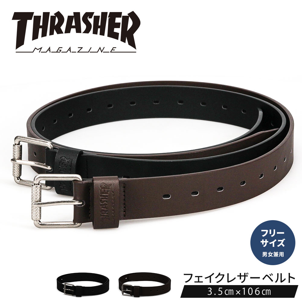 乐天商城 - THRASHER スラッシャー フェイクレザーベルト ユニセックス ローラーバックル 35mm幅 シンプル ストリート カジュアル 通学 通勤 デニム チノパン 男女兼用 THR-025