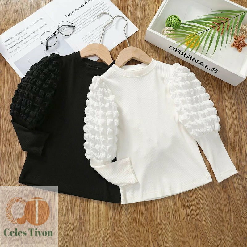 子供 トップス 女の子 長袖 パフスリーブ プルオーバー カットソー Tシャツ キッズ 無地 小学生 幼稚園 子ども ジュニア ガールズ おしゃれ カジュアル お出かけ 春 秋 90 100 110 120 130 140