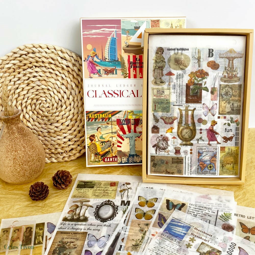 ペンカッター付き 素材箱 96シート入 収納リング レトロ アンティーク調 シール 素材紙 きのこ 建物 雑貨 蝶々 女の子 旅行 パステルカラー デザイン様々 ほぼ日 海外 コラージュ コラージュ素材