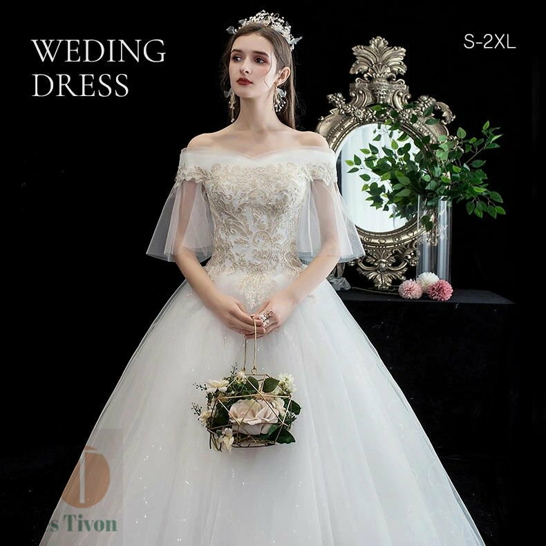 ウェディングドレス Wedding Dress フレア袖あり ウエディングドレス 床付きタイプ Aライン ロング 編み上げタイプ 前撮り 後撮り 披露宴 結婚式 演奏会 発表会 海外挙式ドレス