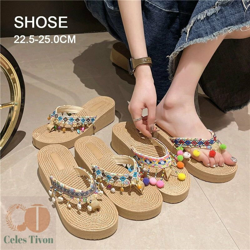 レディース スリッパ サンダル エスパドリーユ トング ビーチサンダル ビーズ 編み 厚底 歩きやすい お..