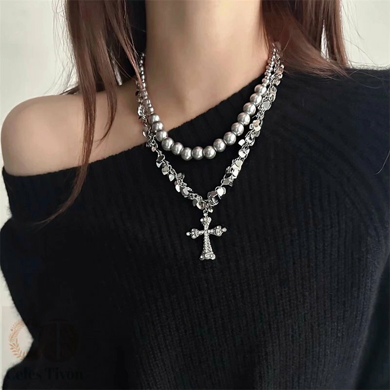 ネックレス 2点セット 重ね付け チョーカー クロス 十字架 ロングネックレス パンク PUNK バロック 首輪 アクセサリー ロックファッション ギャル ハロ...