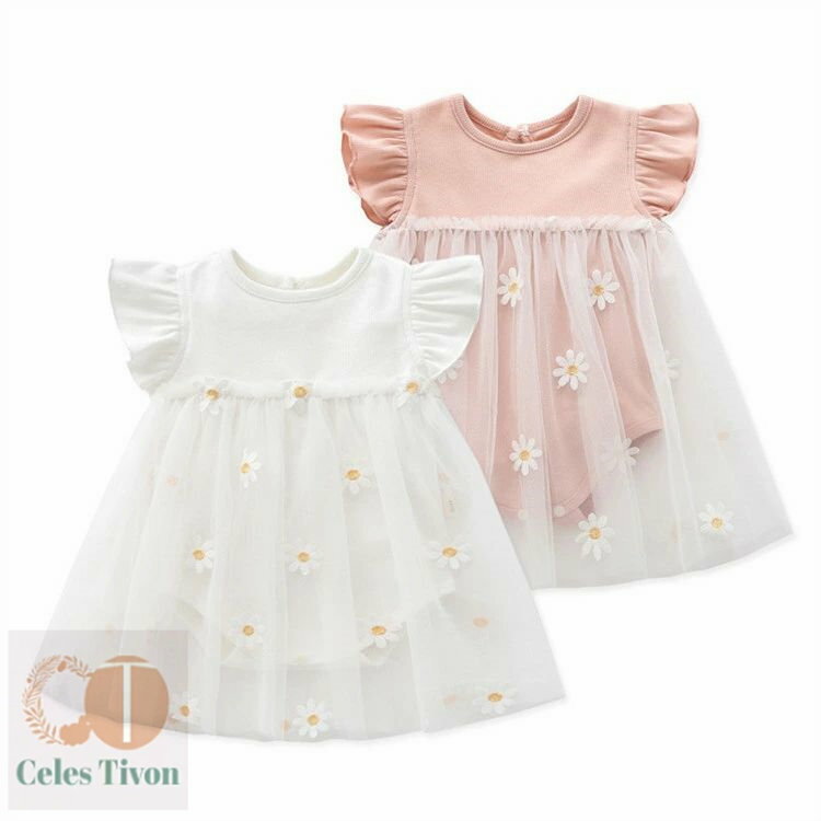 ベビードレス 半袖 ロンパース ベビー服 チュールワンピース 韓国 花柄 女の子 夏用 夏物 ベビー ドレ..