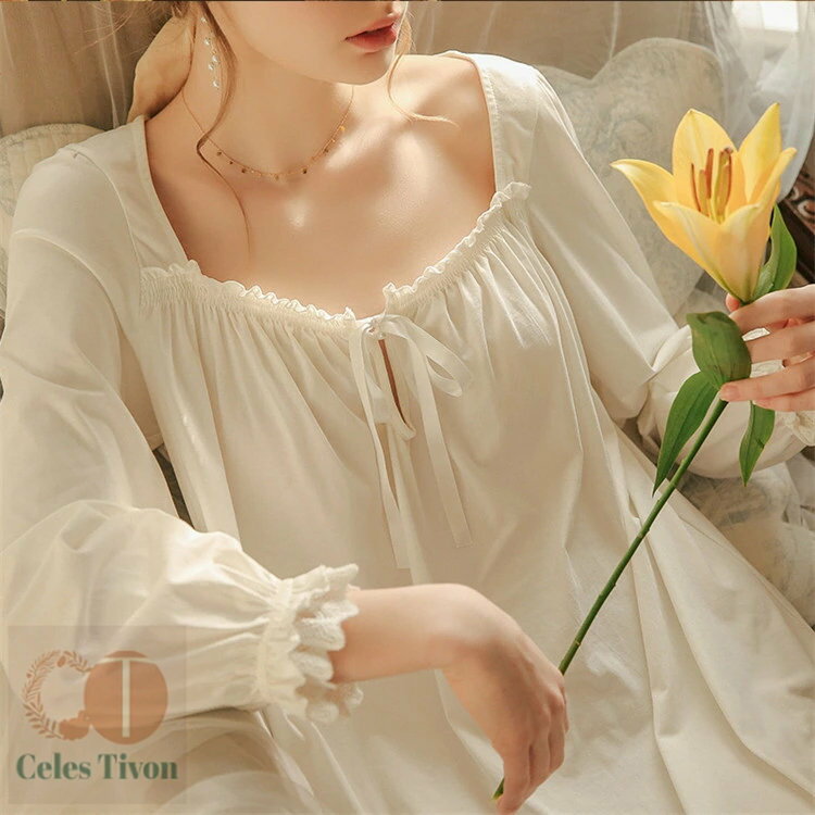 ネグリジェ 姫系 レディース パジャマ 宮廷風 Uネック 春夏 秋 長袖 綿 可愛い ワンピースパジャマ 肌..