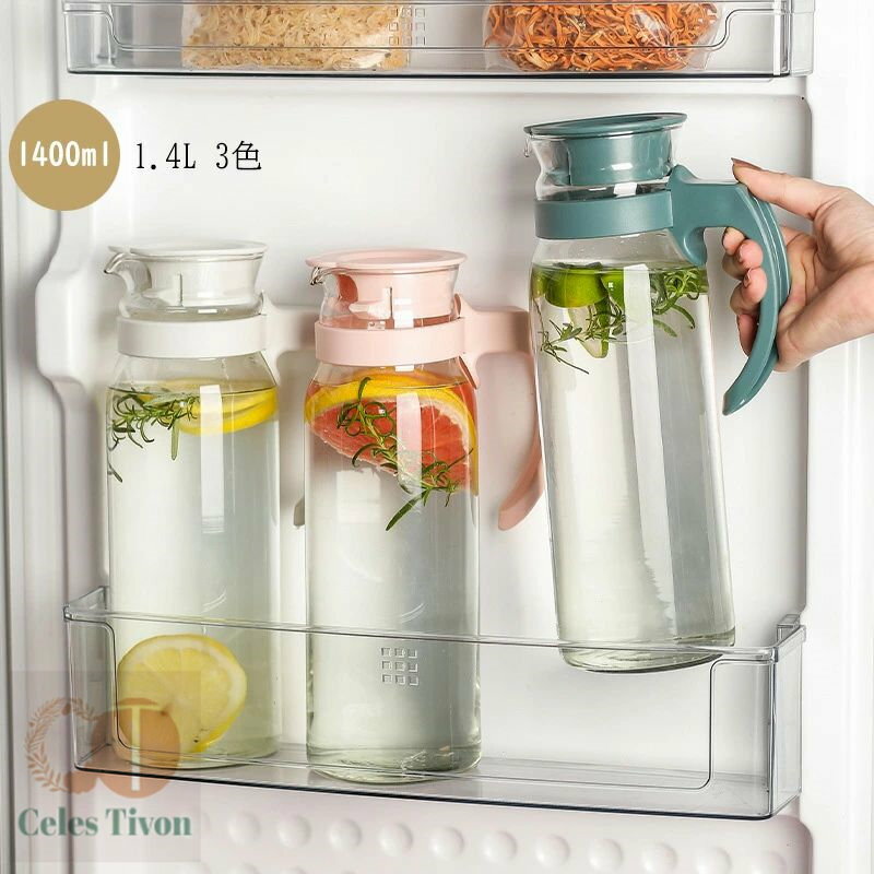 耐熱ガラス 冷水筒 冷蔵庫ポット 1.4リットル 洗いやすい プラスチック おしゃれ 麦茶ポット 水差し1400ml ピッチャー 片手 大容量 野菜室 取っ手付き ワンタッチ式 分解 熱湯 広口 シンプル 麦茶 冷水ポット おしゃれ 可愛い