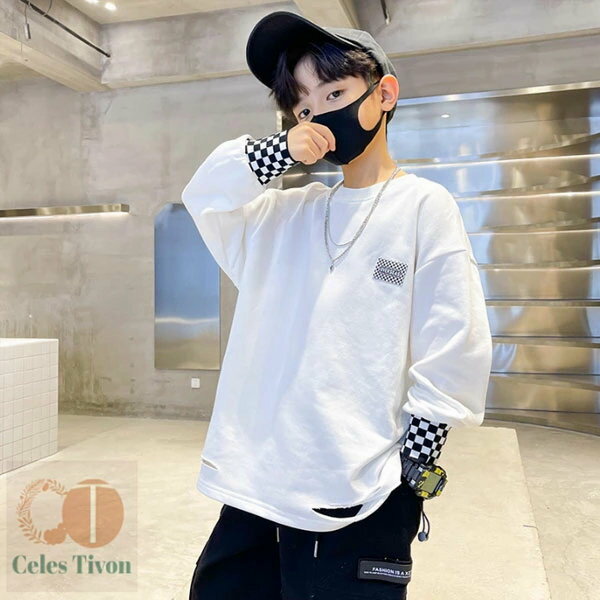 子供服 男の子 Tシャツ 長袖 ホワイト Tシャツ 春着 秋着 運動着 通学着 キッズ 白Tシャツ チェック柄 ..