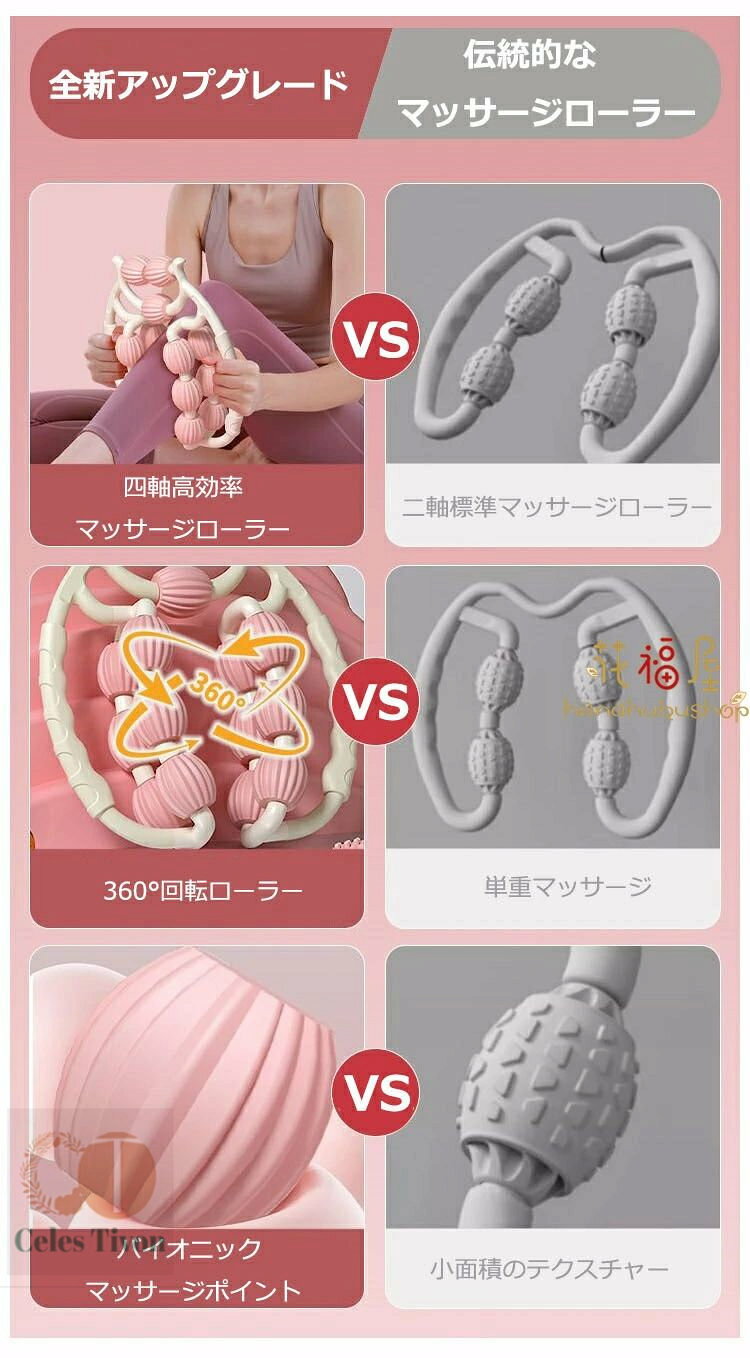 celestivonのマッサージローラー 脚 マッサージ ローラー 360度回転 筋膜ローラー むくみ 解消 太もも 足 首 背中 腕 指 筋膜 リリース マッサージ 器 機 お腹 ふくらはぎ セルライト 潰し ハンディ 脚痩せ 肩こり 二の腕 美脚 挟む式 コロコロ 足やせ ヨガローラープレゼント 自宅 運動｜アングル2