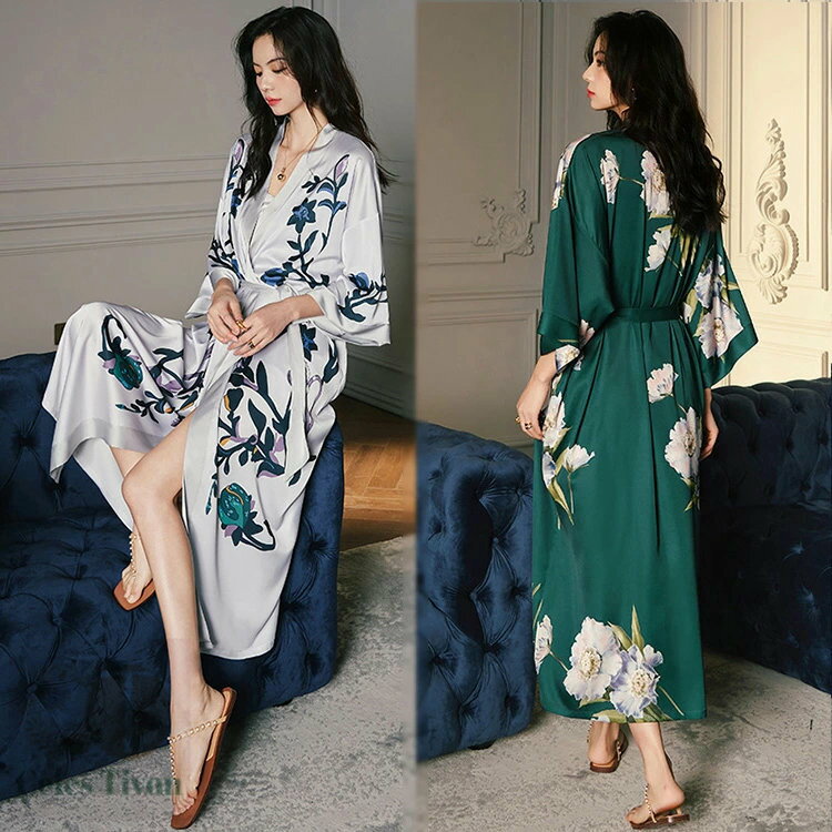 ネグリジェ レディース 前開き ネグリジェ フェイク 絹 ナイトガウン 七分袖 シルク風パジャマ 部屋着 ..