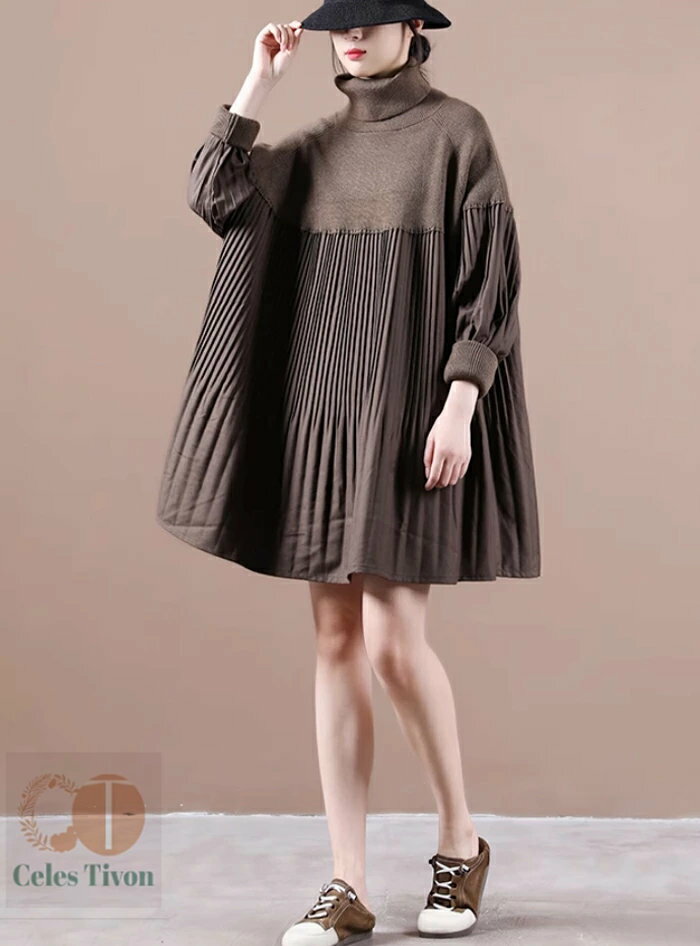 チュニックワンピース ドッキング プルオーバー セーター 秋冬 チュニック 異素材 ブラウス 重ね着風 ニット ハイネック レディース ニットトップス Aライン 長袖 オーバーサイズ 体型カバー 着映え トレンド カジュアル きれいめ 防寒 暖か ニットセーター ゆったり