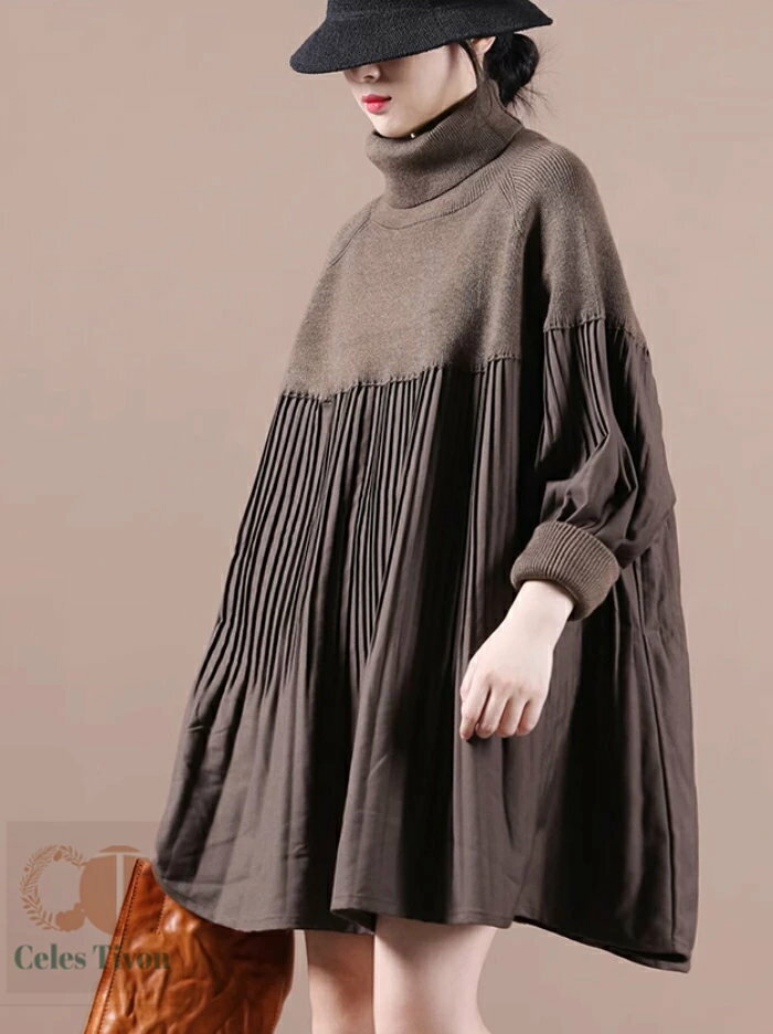 チュニックワンピース ドッキング プルオーバー セーター 秋冬 チュニック 異素材 ブラウス 重ね着風 ニット ハイネック レディース ニットトップス Aライン 長袖 オーバーサイズ 体型カバー 着映え トレンド カジュアル きれいめ 防寒 暖か ニットセーター ゆったり