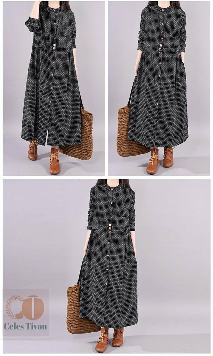 ロングワンピース シャツワンピース 冬 春 長袖 レディース きれいめ 大きいサイズ 秋 冬 ワンピース ロング丈 綿 コットン 体型カバー ロングワンピ チェック柄 総柄 ミモレ丈 ゆったり カジュアル 大人可愛い 日常 通勤 通学 着痩せ 秋冬 送料無料