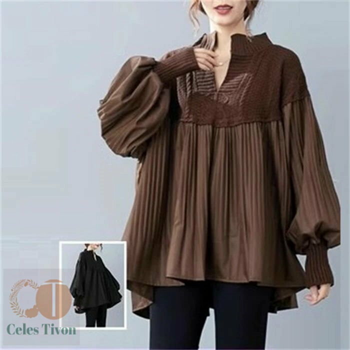 ワンピース 長袖 チュニックワンピ プリーツワンピース プリーツ ニット ニットワンピース リブスリープ バルーンスリープ 春秋 レディース きれいめ ぽわん袖 ゆったり 異素材 着やせ Vネック 無地 体型カバー ビッグシルエット カジュアル 大きいサイズ 送料無料