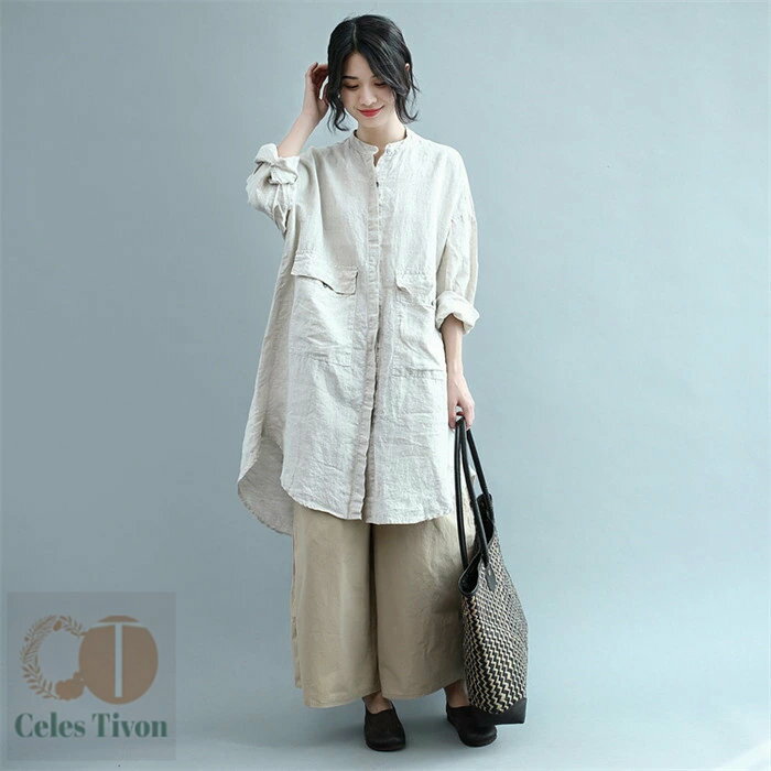 チュニックワンピース 50代 春 レディース きれいめ シャツワンピース チュニック ワンピース 麻風 長袖 ウェスト糸 綿混 膝上 おしゃれ 春夏 シャツ トップス 体型カバー 前開き 送料無料 柔らか ビッグシルエット 通勤 OL 大人可愛い ゆるっと 大きいサイズ