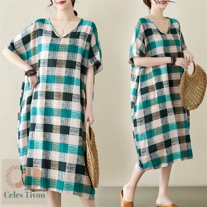 ワンピース 半袖 きれいめ レディース 綿麻 チェック 春 夏 ロングワンピース ロング丈 Vネック 綿麻ワンピ ミモレ丈 Aライン 涼しい ポケット付き ギャザー チェック柄 エレガント 送料無料 ゆったり 大人可愛い 着痩せ