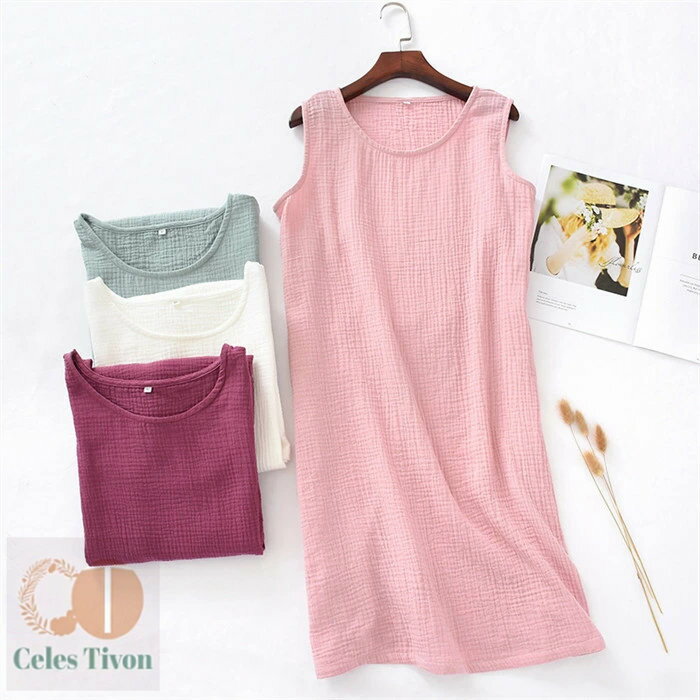 ダブルガーゼ パジャマ ネグリジェ レディース ルームウェア 半袖 ノースリーブ 部屋着 ベストワンピース ルームワンピース 肌に優しい コットン100 ガーゼ...