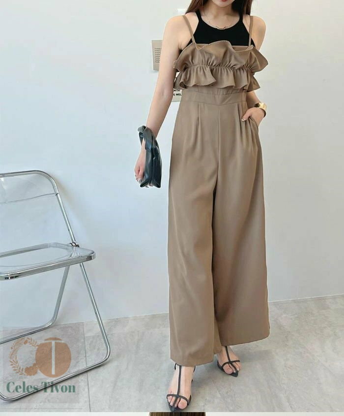 オールインワン フリル サロペット パンツ ワイドパンツ ロングパンツ レディース オーバーオール 体型カバー ナチュラル レイヤード風 重ね着 フリル飾り ハイウエスト 脚長効果 大人可愛い 低身長 高身長 欧米風