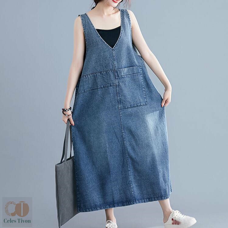 短納期　サロペット ワンピース レディース オーバーオール 大きいサイズ デニムマキシワンピース 夏 体型カバー Vネック オールインワン ファッション デニムワンピース ワンピース ミディアム ジャンパースカート デニム 大きいサイズ サロペット 無地