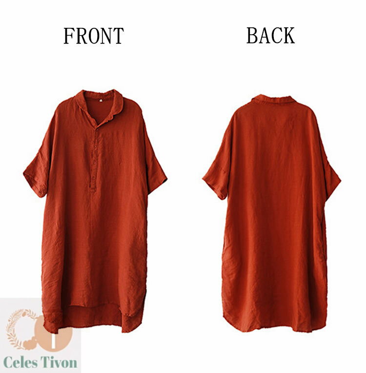 チュニック シャツワンピース 綿 麻 夏 ロングシャツ レディース 半袖 折り襟 ボタン リネン ワンピ ポケット付き スリット チュニックワンピース 無地 Aライン ゆったり 体型カバー シャツブラウス オシャレ シンプル カジュアル