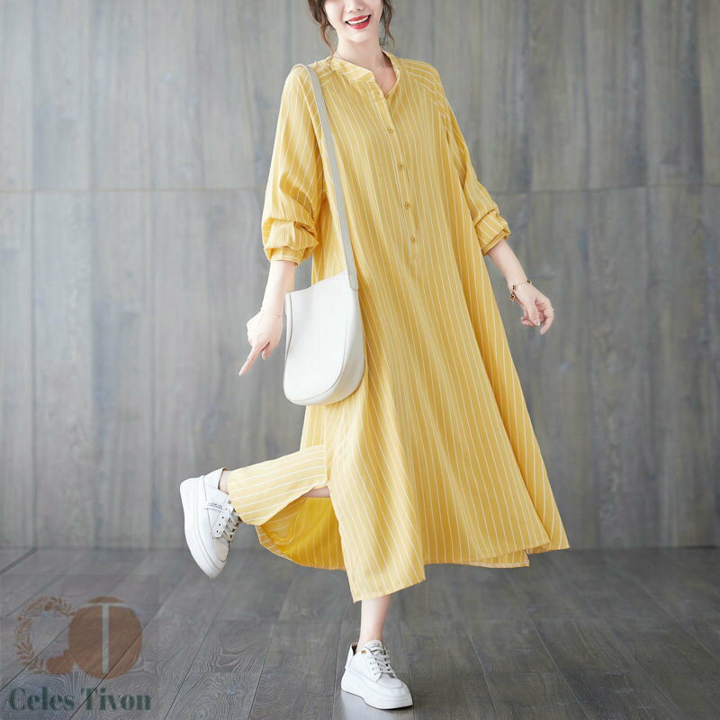 シャツワンピース レディース 綿 ロングワンピース ワンピース 長袖 ストライプ スリット シャツワンピ Aライン マキシワンピース 綿混 ロング丈 体型カバー ゆったり ロングシャツ 春 夏 秋 オシャレ フレアワンピース シンプル カジュアル 大人 OL 通勤 送料無料