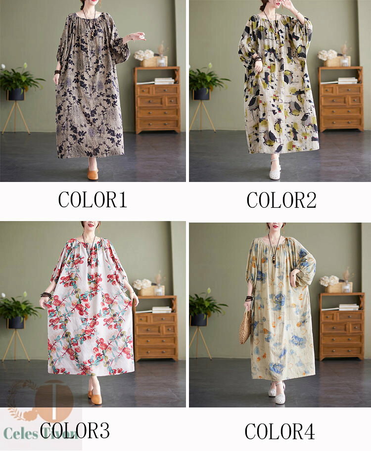 花柄ワンピース レディース 綿 麻 ロングワンピース 春 夏 クルーネック 五分袖 花柄 ポケット付き ワンピース プリント 総柄 タック リゾートワンピース プルオーバー ゆったり 体型カバー フレアワンピース きれいめ カジュアル レトロ 20代 30代 40代 50代 送料無料