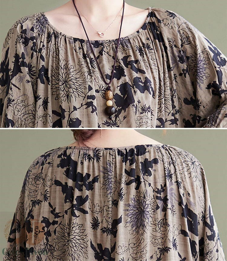 花柄ワンピース レディース 綿 麻 ロングワンピース 春 夏 クルーネック 五分袖 花柄 ポケット付き ワンピース プリント 総柄 タック リゾートワンピース プルオーバー ゆったり 体型カバー フレアワンピース きれいめ カジュアル レトロ 20代 30代 40代 50代 送料無料