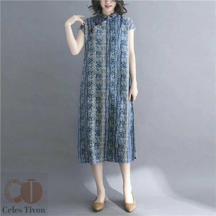 エスニック フレンチスリーブ ワンピース 夏 チュニックワンピース チュニック ワンピース レディース ノースリーブ 薄手 膝丈 総柄 エスニック チャイナボタン スタンドカラー カジュアル 大人 ゆったり サイドスリット 森ガール 30代 40代 50代 送料無料 メール便可