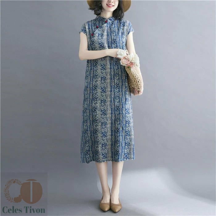 エスニック フレンチスリーブ ワンピース 夏 チュニックワンピース チュニック ワンピース レディース ノースリーブ 薄手 膝丈 総柄 エスニック チャイナボタン スタンドカラー カジュアル 大人 ゆったり サイドスリット 森ガール 30代 40代 50代 送料無料 メール便可