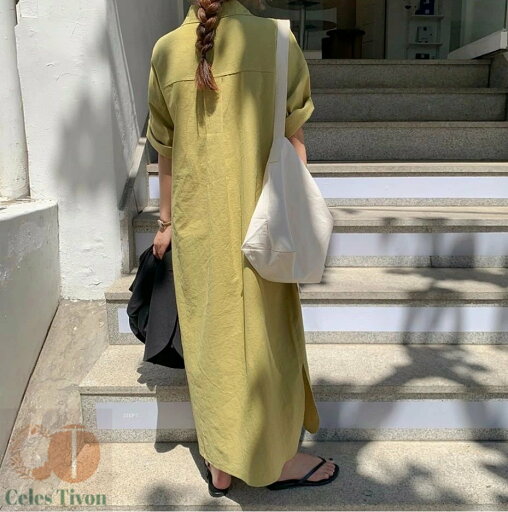 シャツワンピース ロング ワンピース レディース ロングワンピース ロング シャツワンピース ゆるっとワンピース ロング 半袖 体型カバー 綿麻調 無地 ゆったり シンプル 着痩せ 30代 40代 50代 可愛い OL おしゃれ オシャレ 春 夏 秋 通勤 送料無料