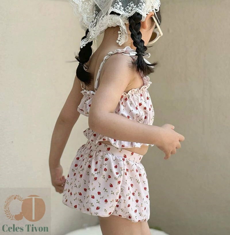 送料無料 イチゴ図案 水着 女の子 ベビー水着 タンキニ キッズ水着 上下セット キャップ無し キャミソールタイプ カボチャパンツ 女児