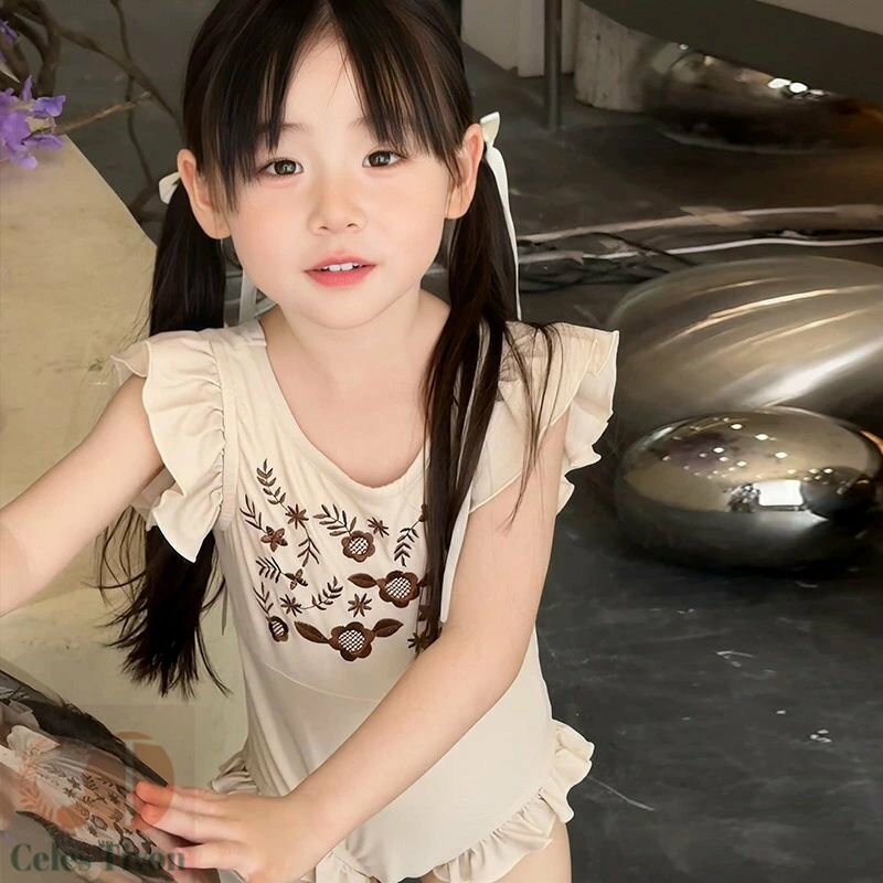 送料無料 水着 女の子 ベビー水着 キッズ水着 刺繍デザイン フリル 女児 オールインワンタイプ 子供用 ..