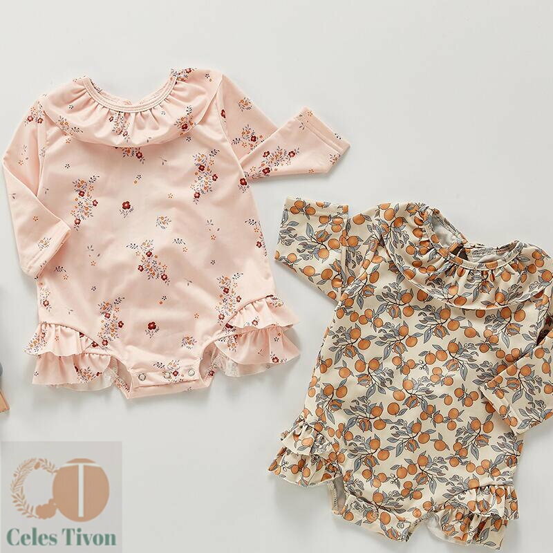 送料無料 ベビー水着 ミカン柄 スナップボタン式水着 女の子 長袖 ロンパース ワンピース オールインワ..