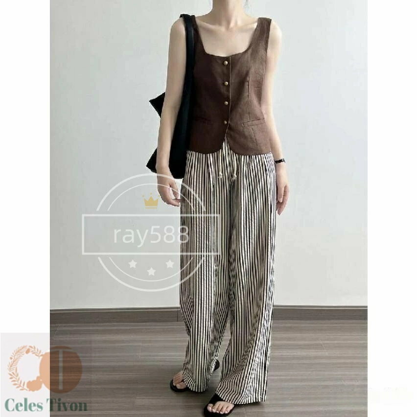 ワイドパンツ レディース タックワイドパンツ ストレートパンツ 春夏 夏 綿 ワイド スラックス ロング マキシ丈 ストライプ柄